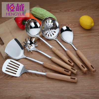 不銹鋼廚具批發(fā)烹飪勺鏟 廚房用具不銹鋼漏勺木柄鏟子小禮品套裝