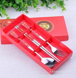 婚慶禮品贈(zèng)品 加厚不銹鋼勺筷組合 廚房用品批發(fā) 年年有余勺筷